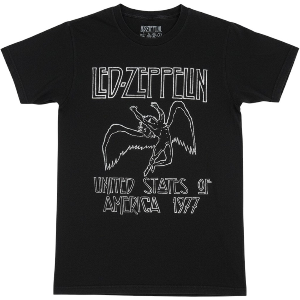 Led Zeppelin 1977 USA Tour Icarus Graphic T-Shirt Black Small Cotton Rock Tee